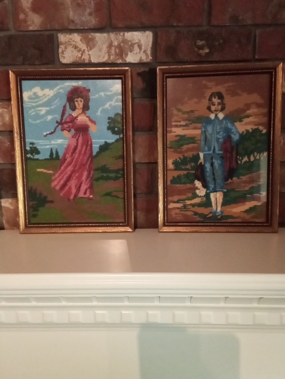 Pair of Framed Needlepoint Portraits - Pink Girl& Blue Boy Figures